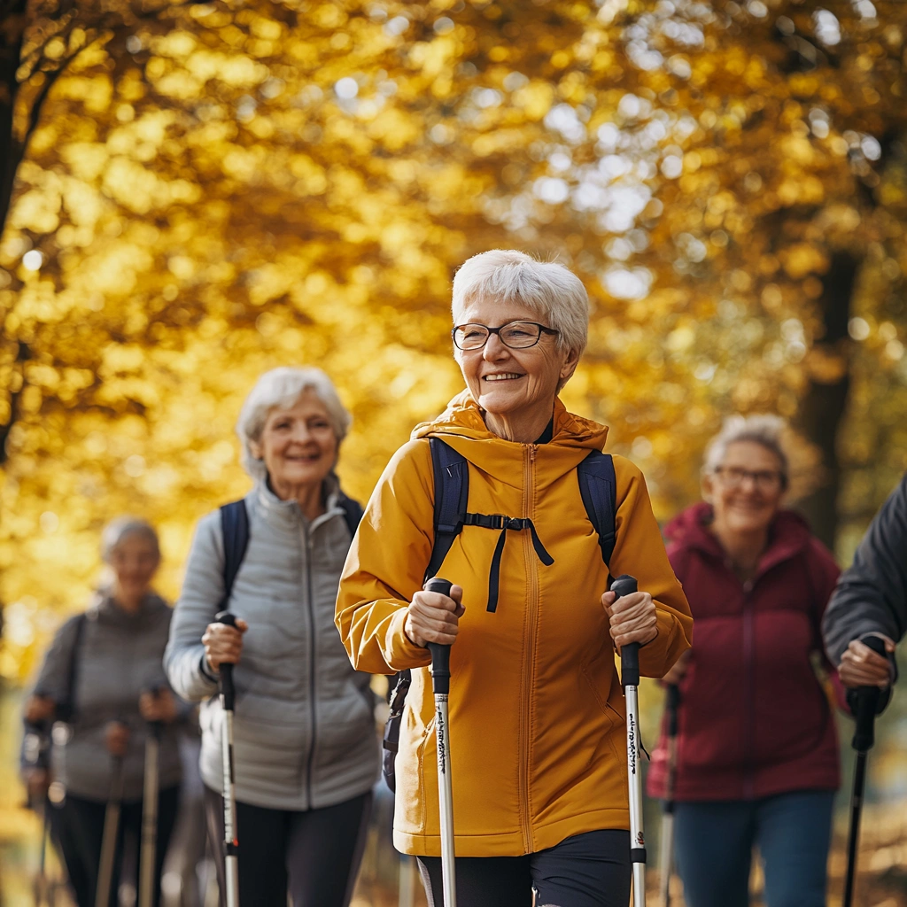 Група пенсіонерів займається скандинавською ходьбою в парку