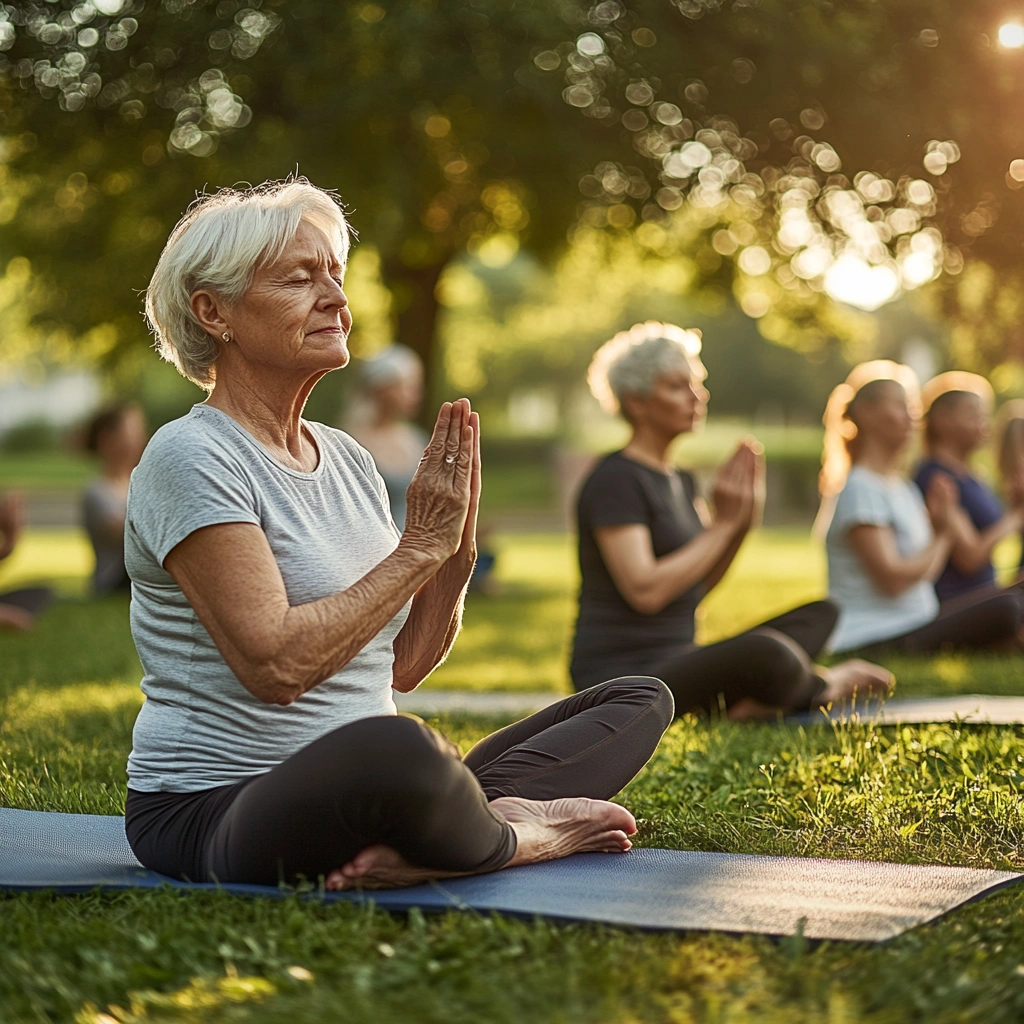 Пенсіонери практикують йогу на свіжому повітрі
